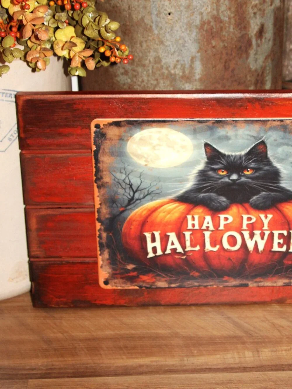 NEW Dark Moody Black Cat Happy Halloween Planked Wood Wall Decor Picture